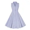 Casual Dresses Tonval Blue and White Plaid Vintage for Women hacked collar single breasted fluga tillbaka elegant a-line klänning