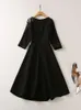 Zjyt Luxury Diamonds Black Party Robe Femme Élégant Designer trois quarts manches aliné