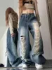 Kvinnors jeans kvinna lös denim byxor rak ben slipsfärgad golvlängd tvätt rippad hål asymmetrisk vintage designvatten hip-hop