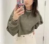 Women's Hoodies Woman Fashion Dark Khaki Cropped Oversized Sweatshirt Round Neck Gem Decoration Frayed Hem Drop Shoulder Cool Tops Long