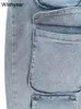 Sweatpants multi bolsos estiramento denim carga calça botão voar cintura alta solta reta baggy calças de brim streetwear 231228
