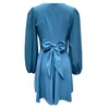 Casual Dresses Wrap Tie Waist Womens Elegant Satin Long Sleeve Round Neck Flowy Cocktail Party Mini Maxi Sleeves Dress