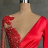 Party Dresses Red Mermaid Evening Dress For Women Satin Long Sleeves Beading Stones V Neck Formal Occasion Elegantes Mujer Vestidos 2023