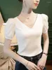 Women's T Shirts Summer Pure Cotton V-Neck Kort ärm T-shirt Lace Mesh Patchwork Bubble Top för Office Lady Basic Style