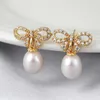 Kolczyki Dangle Natural Freshwater Pearl 18K Gold Gold Bowknot Ear Stud Solid Match Party Women DIY Wedding Carnival Fool's Day