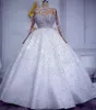 Arabski Aso Ebi Ebi Biała suknia ślubna Sheer Peats Pearls Luksusowe długie rękawy suknie ślubne Vestidos de novia szata Mariage