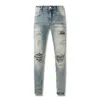 Mens Designer Jeans Marca Bordado Padrão Skinny Zipper Jean Denim Rasgado Buraco Rock Pant Angustiado Moderno Motobiker Preto Azul Slim Fit Calças