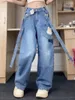 Women's Jeans Y2k Pant Denim Cartoon Pockets Trousers Preppy Style Korean Belt High Waist Blue Straight Wide Leg Women Zipper