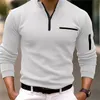 Sports Long Sleeve Side Pocket Polo Shirt Men Spring Autumn Thickened Solid Color Casual Tops Male Lapel Zipper Splicing Blouse 231227