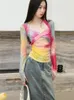 T-shirts Femmes Yedinas Fairycore Tie Dye Mesh Tops Long Sleeeve Voir à travers la chemise Femmes Vêtements Y2K Été 2023 Tee Femme Chic Grunge