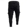 Fashion New Brand Men Skinny Cargo jeans Long Pant Denim Combat Biker Pocket Taskers Works Black Men Jeans X0621