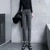 Kvinnors jeans kvinna byxor svart grå rak ben hög midja fotledslängd frayed hem pantalones vaqueros mujer