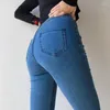 Kvinnors jeans Wenfly Kvinnor Hög midja Stretch Elastic Cotton Denim Pants Zipper Kvinnlig mantel Casual England Byxor plus storlek