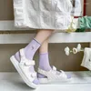 Chaussettes brodées florales pour femmes, Harajuku, Vintage, en coton, respirantes, mode japonaise, couleur unie, mignonnes et longues