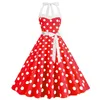 Party Dresses Black Red Polka Dot Women Rockabilly Vintage Dress Halter Neck Buttons Elegant Lace Up Pleated A Line Midi RS1292