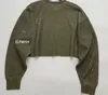 Women's Hoodies Woman Fashion Dark Khaki Cropped Oversized Sweatshirt Round Neck Gem Decoration Frayed Hem Drop Shoulder Cool Tops Long