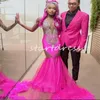 Luxury Hot Pink Black Girls Prom Dress With Feather Illusion Crystal Mermaid Evening Gowns Elegant Formal Occassion Vestidos De Fiesta 2024 Robes De Soiree