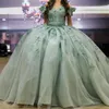 Luxury Mint Green Sweetheart Quinceanera Dress Party Gown Princess Lace Appliques Off The Shoulder For 16 Years vestidos de 15