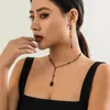 Ketting Oorbellen Set KunJoe Gothic Zwarte Kristallen Hanger Voor Vrouwen Vintage Punk Metalen Ketting Sieraden Feestgeschenken