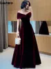 Lautaro Spring Long Luxury Elegant Wine Red Soft Velvet Evening Party Wedding Dresses for Women Off Shoulder Maxi Dress 231228