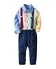 Комплект одежды для мальчиков, детская рубашка в полоску в клетку с галстуком-бабочкой и брюки на подтяжках, комплект из 2 предметов, детская одежда7788802