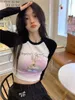Kadın Tişörtleri Qweek Kawaii Pembe Baskı Mahsulü Kadınlar Harajuku Tatlı Sevimli Grafik Üstler Sokak Giyim Vintage Seksi Uzun Kollu Tees