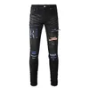 Mens Designer Jeans Marca Bordado Padrão Skinny Zipper Jean Denim Rasgado Buraco Rock Pant Angustiado Moderno Motobiker Preto Azul Slim Fit Calças