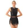 Stage Wear Womens Latin Dance Dress Shiny Sequin Rhinestone Fringed Mesh Splice Leotard Cha-Cha Tango Rumba Samba Performance Costume