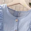 女の子のドレスサマーキッズガールズ服のための青いレースベビーペルレイド衣装綿のティーンエイジャーの袖なしの子供衣装6 8 9 12年