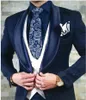 Custom Made Men Suits Navy Blue Pattern and Ivory Groom Tuxedos Shawl Satin Lapel Groomsmen Wedding Man JacketPantsVestT4265620