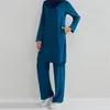 Etniska kläder Fashion Women Mellanöstern Två stycken Set avslappnad Abaya Top Blue Trousers Robe passar muslimsk bön Modest kläder Turkiet