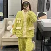 Women's Sleepwear Coral Fleece Pajama Sets Women Sweet Bow Long Sleeve Pajamas Home Suit Button Cardigan Winter Clothing Warm Nightwear