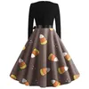 Casual Dresses Women'S Fashionable Round Neck Halloween Printed Dress With A Waist Up Green Hem And Bat Pattern Long Skirt Costume