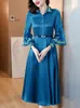 Casual Dresses Women Blue Silk Satin Luxury Party Vestidos Autumn Winter Long Sleeve Polo Collar Midi Dress 2023 Korean Ebmbroidery Robe