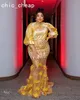 2024 Aso Ebi Gold Mermaid Prom Dress Crystals Beaded Feather Evening Formal Party Second Reception Birthday Engagement Gowns Dresses Robe De Soiree ZJ390