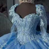 Céu azul mexicano fora do ombro vestido de baile quinceanera vestido frisado rendas apliques manga comprida vestidos de aniversário doce 16 vestido rendas