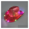 Gros Cowgirl LED Chapeau Clignotant Allumer Paillettes Chapeaux De Cowboy Casquettes Lumineuse Costume D'Halloween Fy7970 Livraison Directe Dhoqh