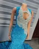 Prom Blue Party Cearów Formalne sukienki dla czarnych dziewcząt 2024 Blowly Diamond Beaded Sheer Mesh Even Even Gala Gala