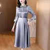 Casual Dresses Women Blue Silk Satin Luxury Party Vestidos Autumn Winter Long Sleeve Polo Collar Midi Dress 2023 Korean Ebmbroidery Robe