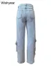 Pantalon de survêtement multi-poches en denim extensible, pantalon cargo, mouche à boutons, taille haute, ample, droit, baggy, pantalon streetwear 231228