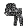 Herren-Nachtwäsche, abstraktes Ditsy-Blumen-Pyjama-Set, Frühling, Schwarz, Weiß, bequem, für den Alltag, 2-teilig, lässig, übergroß, individuelle Nachtwäsche