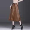 Neophil Vintage Vrouwen PU Kunstleer Midi Rokken Latex Jupe Longue Winter Mode A-lijn Hoge Taille Zwarte Riem Lange Rok S9730 220401