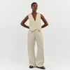 Summer White Linen Two Piece Set For Women 2023 Fashion Sleeveless Tank Top Waistcoat Matching High Waist Wide Pants 231227