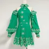 Robes décontractées VGH évider élégant mini pour les femmes col montant lanterne manches taille haute tempérament minceur robe mode féminine