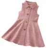 Girl Dresses Children Autumn Winter Preppy Style Woolen Vest Plaid Dress Baby Lapel Sleeveless Single Breasted Slim A-line