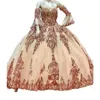 핑크 반짝이는 스팽글 로즈 퀸 시아 나라 드레스 주름 나무 가운 달콤한 15 신데렐라 생일 무도회 파티 가운 분리 가능한 긴 슬리브 스페셜 OCN 드레스 S