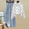 Korean Letter Print Sunscreen Chiffon Shirt Sling Vest Wide Ben Jeans Threepiece Elegant Women Pants Set Summer Outfits 231227