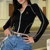 T-shirt da donna cool bello sexy a righe colore coordinato zip colletto alla coreana manica lunga sportiva piccolo cardigan 2023 giacca slim autunno