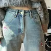 Jeans pour femmes taille haute S jambe droite pantalon en denim femme brodé bleu pour femme avec poches pantalon ajusté hippie unique baggy