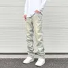 Streetwear Vibe Vintage Distressed Washed-Hose, gelber, schlammgefärbter Reißverschluss, geteilte, gerade Jeans, Herren- und Damenbekleidung